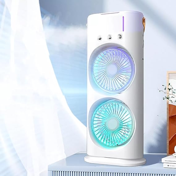 Rechargeable Automatic Rotating Dual Double Spray Mist Fan With Lightening Effects